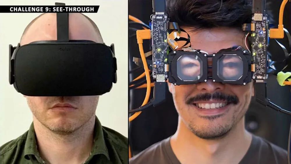 ▲左边是一个Oculus Rift，它挡住了VR用户的视线，右侧是早期的反向“透视”原型机
