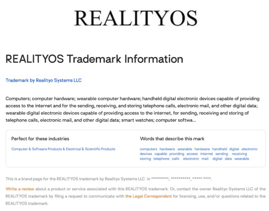 图 |RealityOS商标注册页面