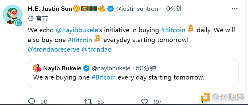 孙宇晨：波联储也将从明天开始，每天购买一个BTC1