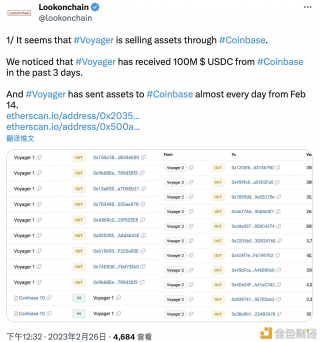 Voyagbr疑似正通过Coinbasb出售资产，现仍持有6.31亿美元的加密资产